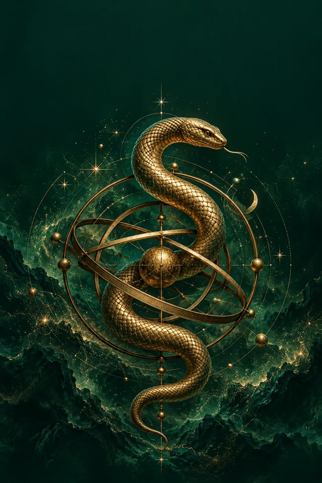 Serpente dourada entre os círculos de uma esfera celeste